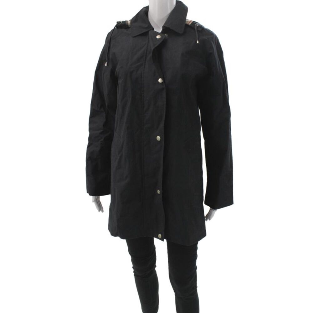 Burberry Womens Raincoat Black Cotton Check Snap Closure Size S